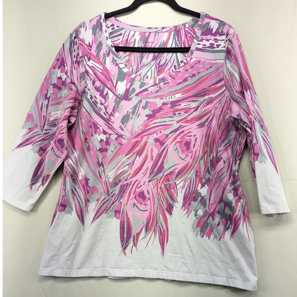 Style & Co. XL Pink Feather Print 3/4 Sleeve V-Neck Top Blouse Casual - Picture 1 of 9